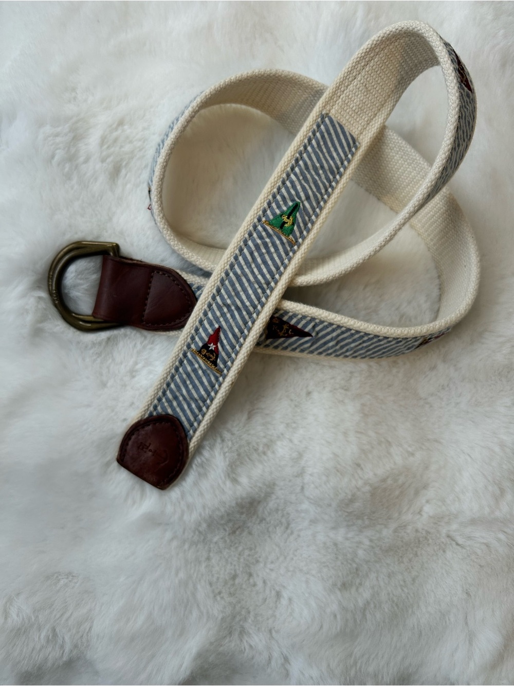 Ralph Lauren Vintage Cream & Blue Striped Canvas Belt with Brown Leather